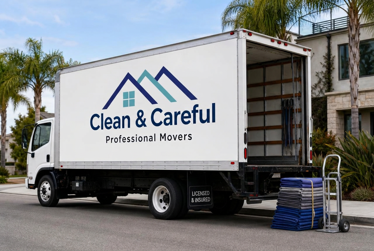 Clean & Careful Moving foreman with a clipboard beside a licensed moving truck