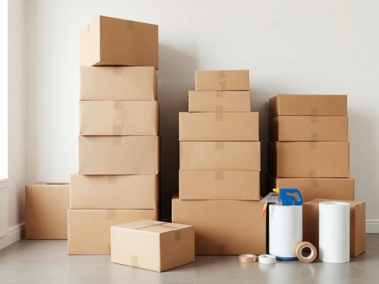 Stacks of moving boxes with shrink wrap, packing paper and tape