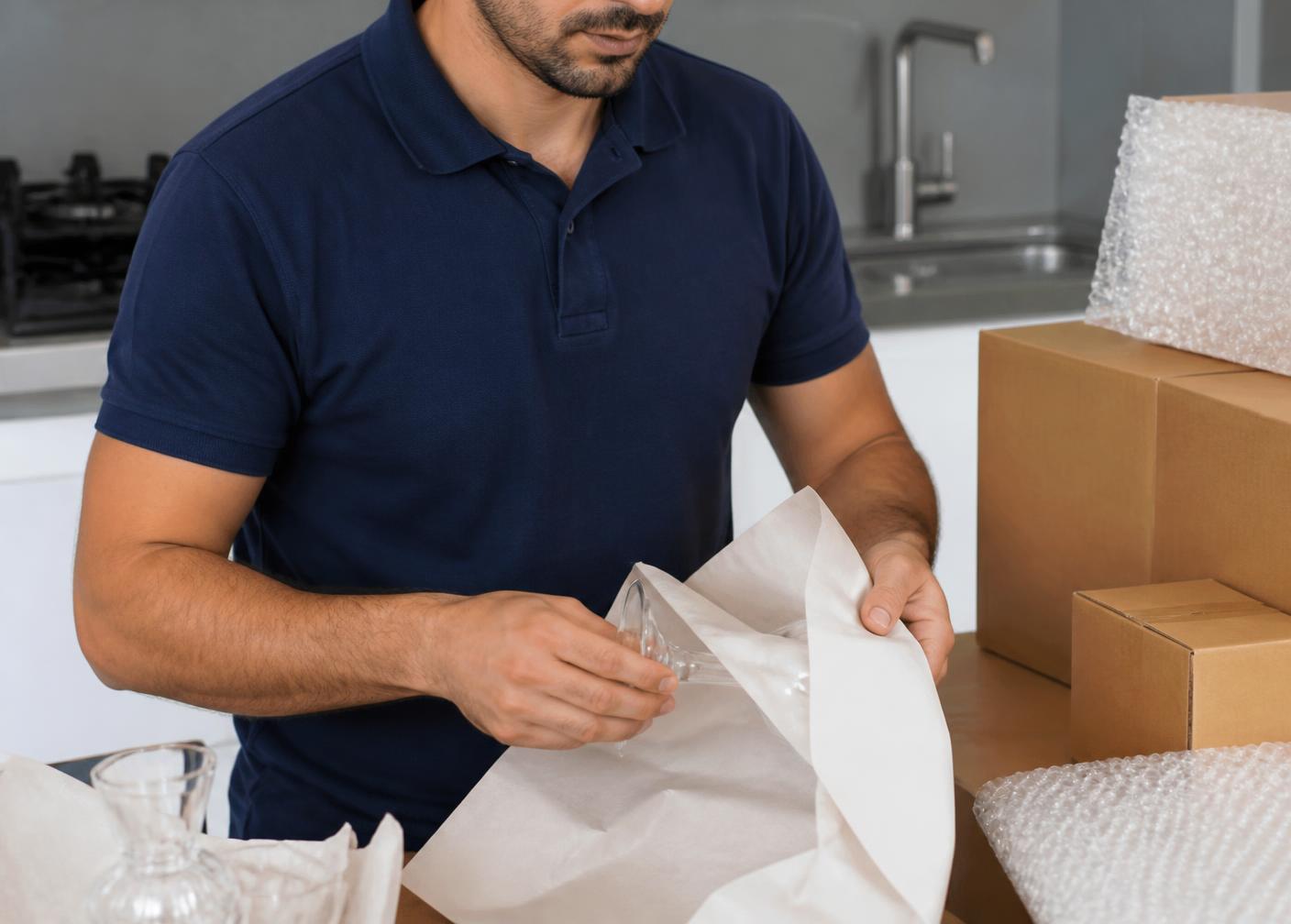 Mover wrapping fragile glassware in packing paper beside moving boxes