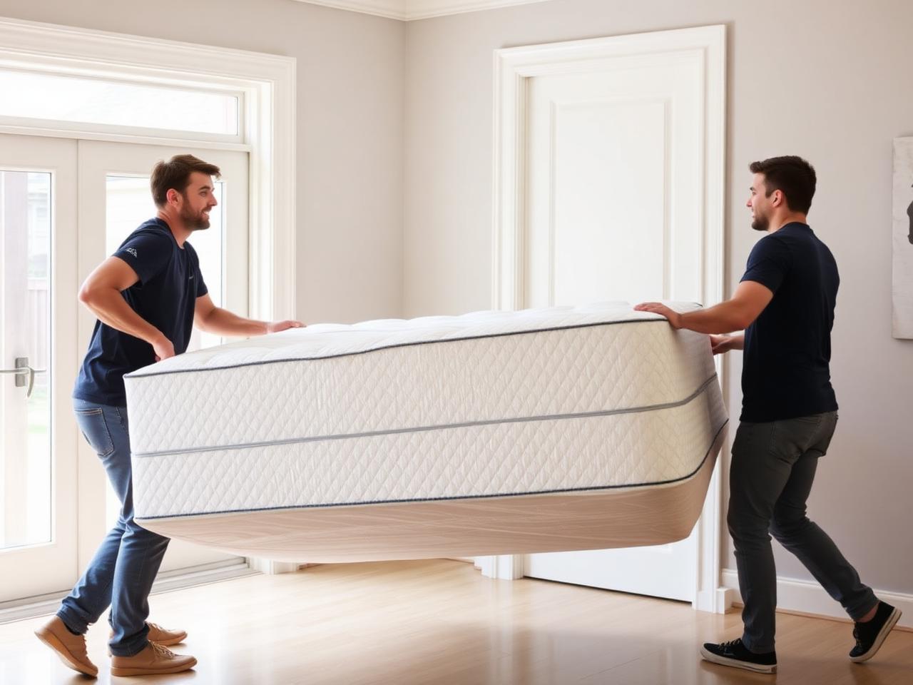 Two movers carrying a wrapped mattress into a bright home
