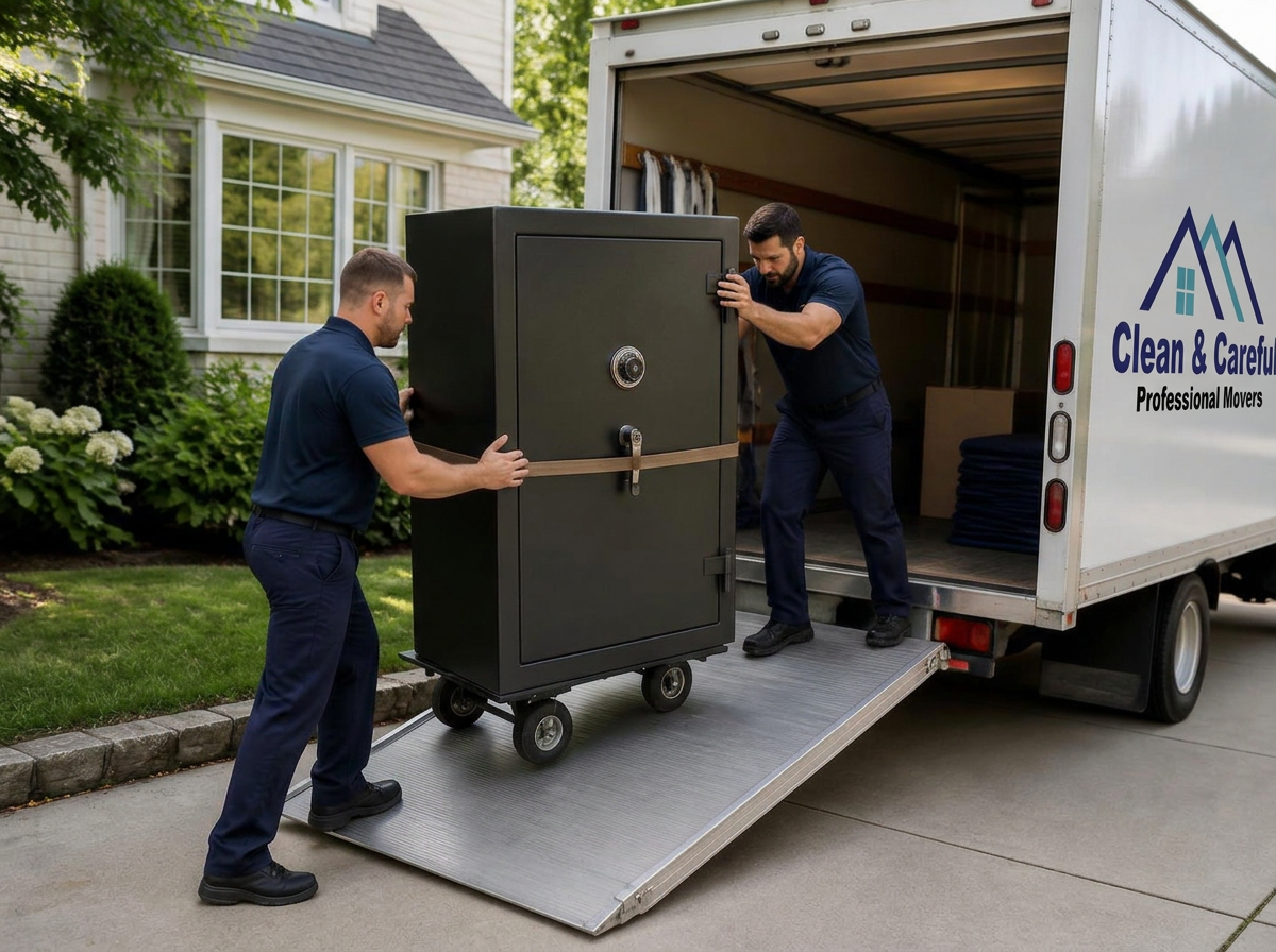 Movers loading a heavy safe into a moving truck using a lift-gate ramp and straps