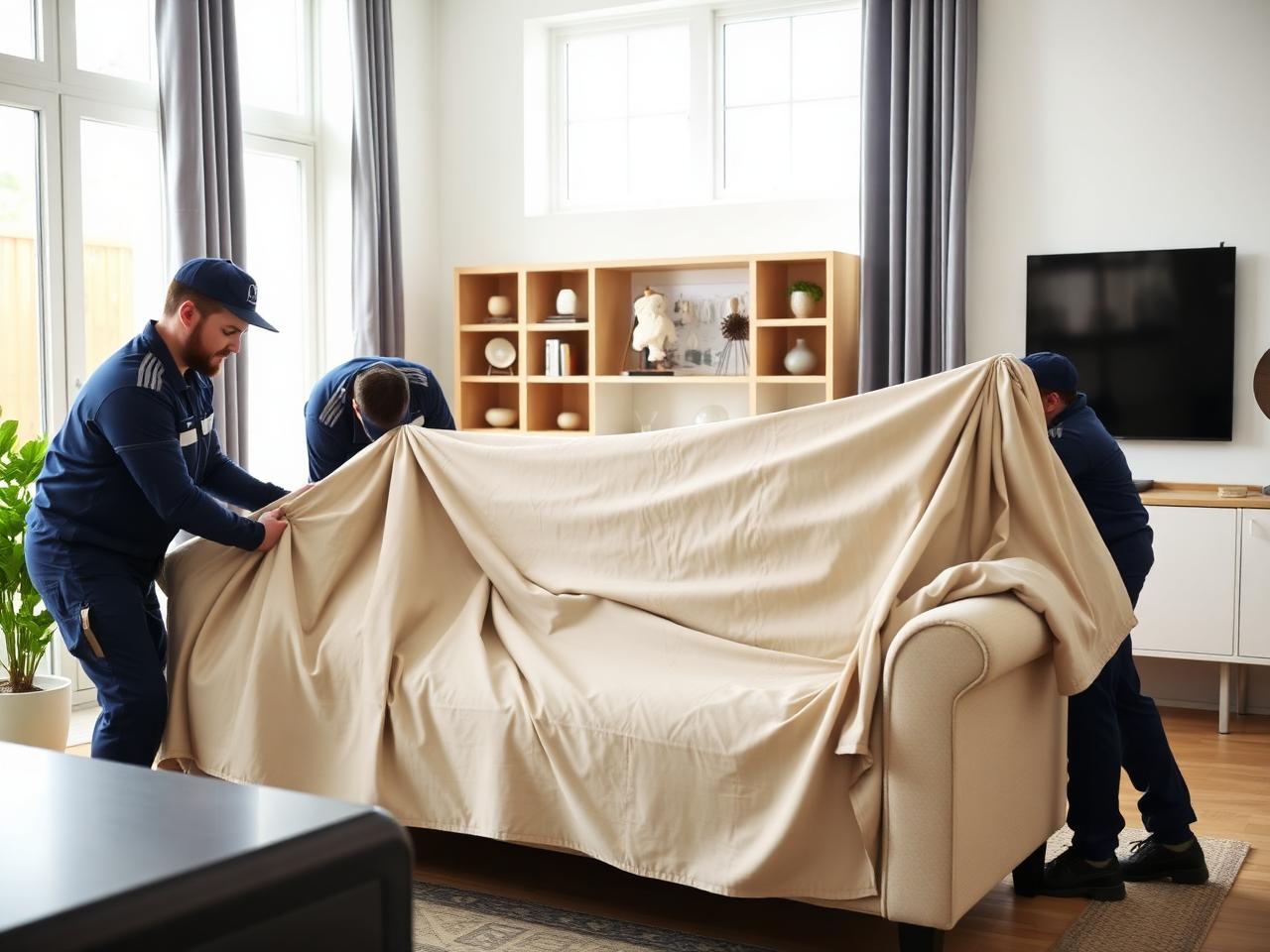 Movers carefully carrying wrapped furniture into a Laguna Niguel home